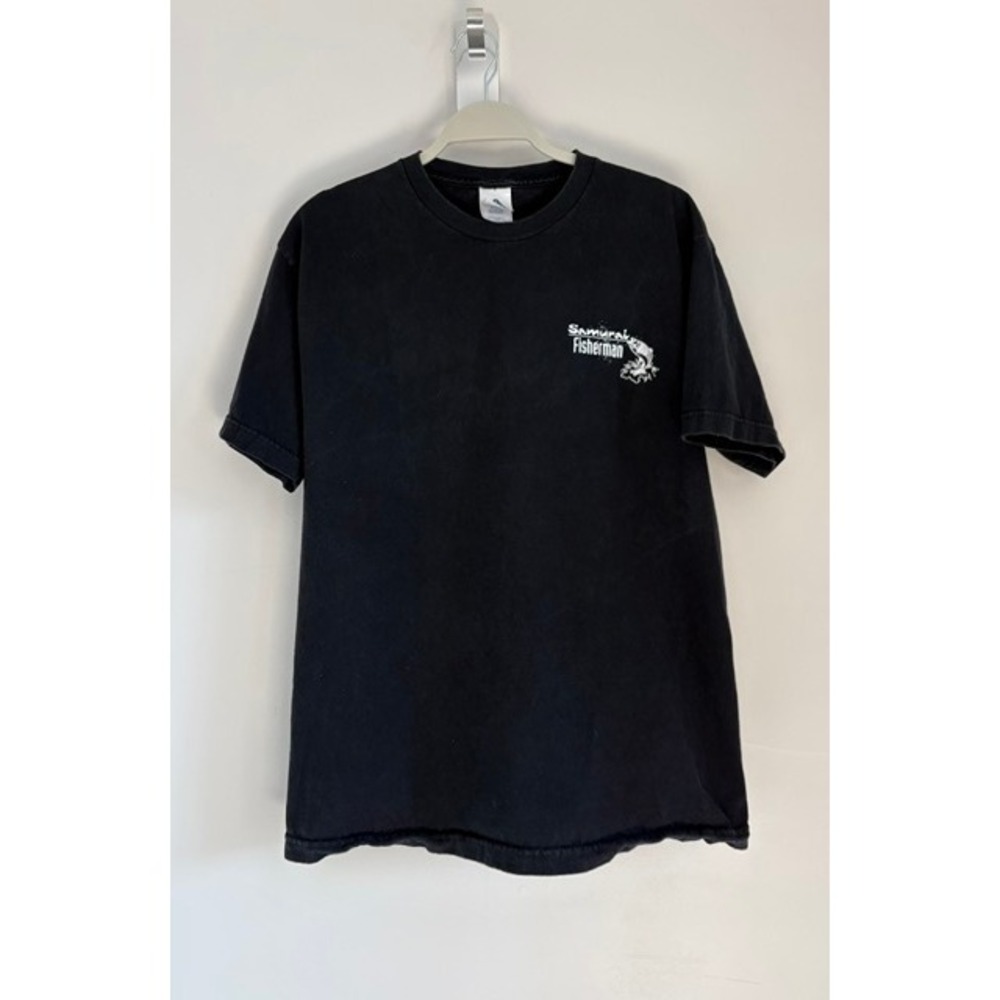Vintage Y2K Samuraki Fisherman Graphic Tee Shirt Large Black Faded Japan Fish